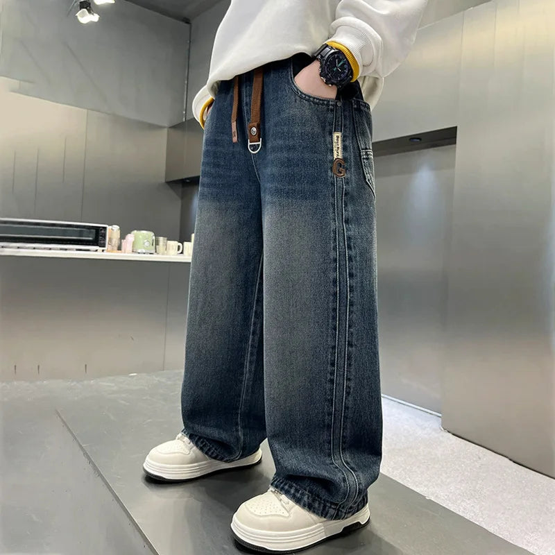 Boys Wide-leg Jeans 5-14 Years Spring Autumn Fashion Cool Casual Sports Denim Straight Pants for Kids Loose Trousers