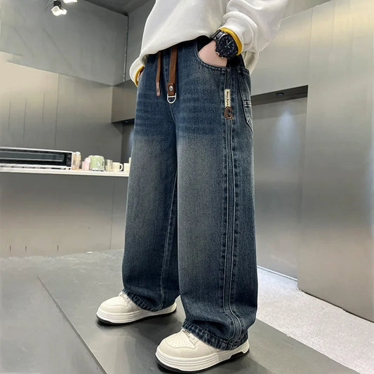 Boys Wide-leg Jeans 5-14 Years Spring Autumn Fashion Cool Casual Sports Denim Straight Pants for Kids Loose Trousers