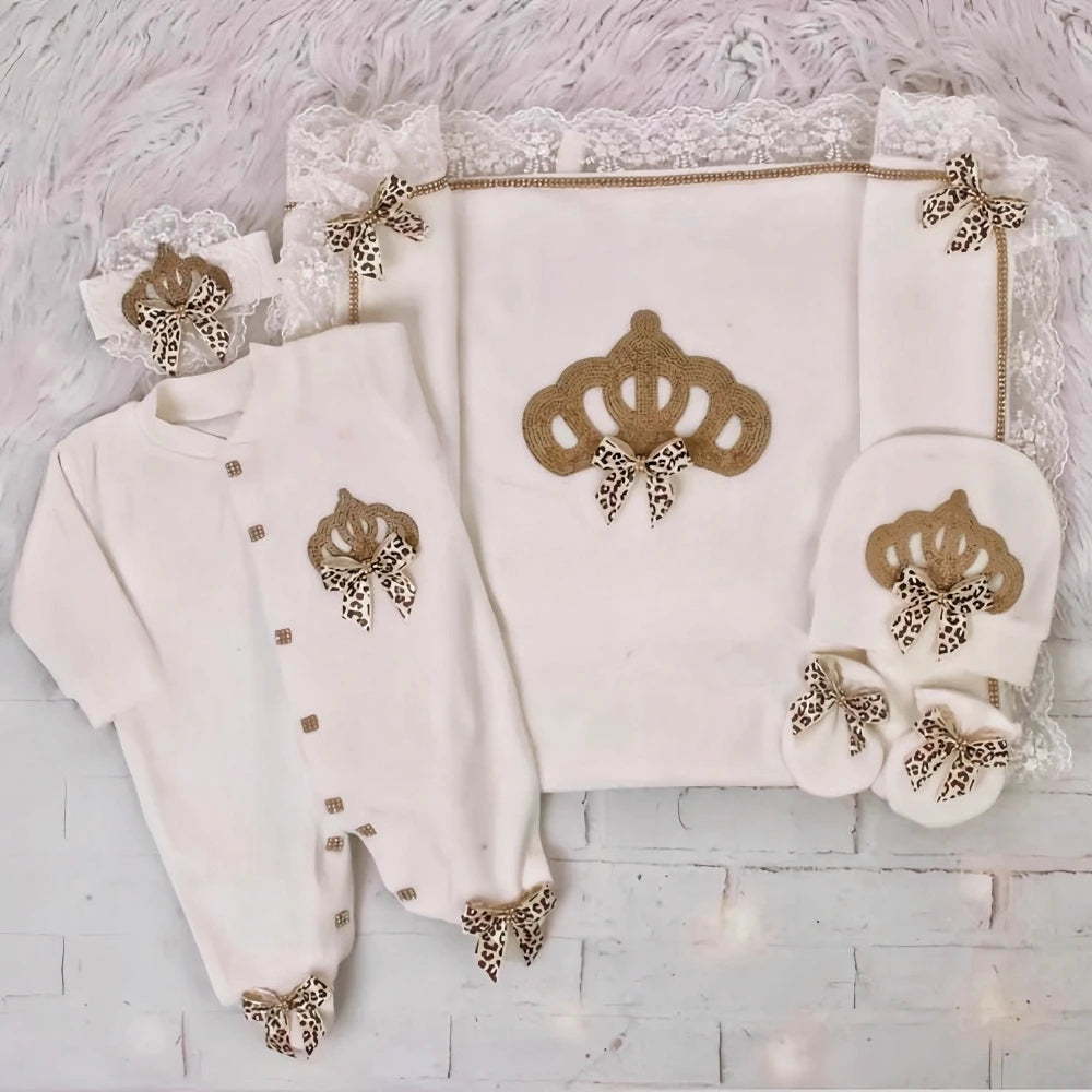 Baby Girl Boy Princess Prince Hospital Exit Newborn Bling Outfits Baby Bottles Gift Set Baby Shower Gift 5pcs Crown Romper
