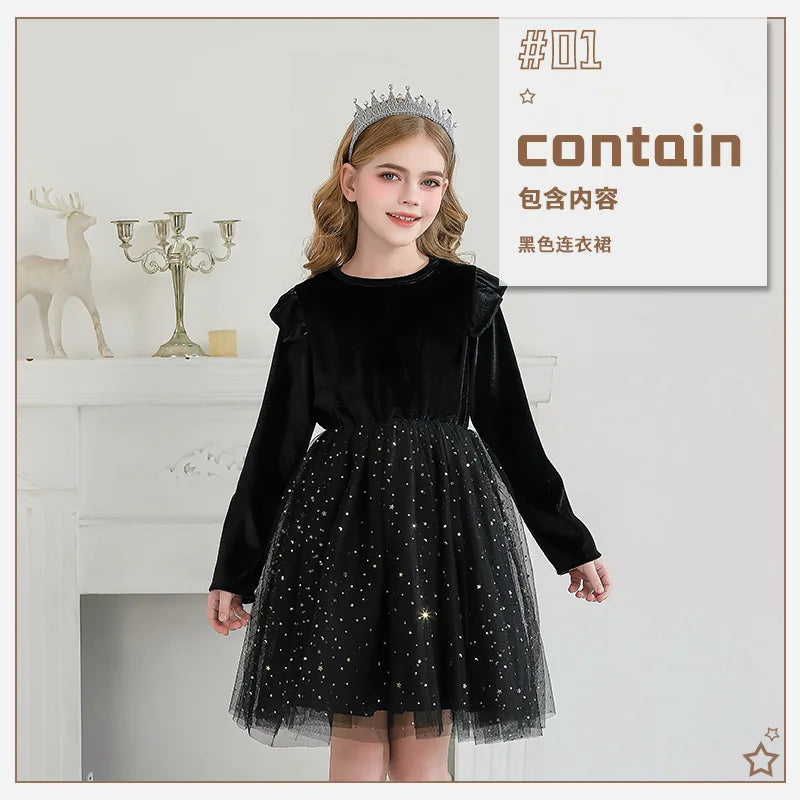 2025 Ruffle Style Long-sleeved Stars Mesh Spliced Dress Princess Christmas Party Performance Clothes Children's Winter Clothing