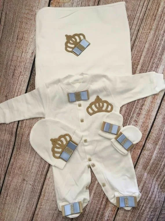 Baby Girl Boy Princess Prince Hospital Exit Newborn Bling Outfits Baby Bottles Gift Set Baby Shower Gift 5pcs Crown Romper