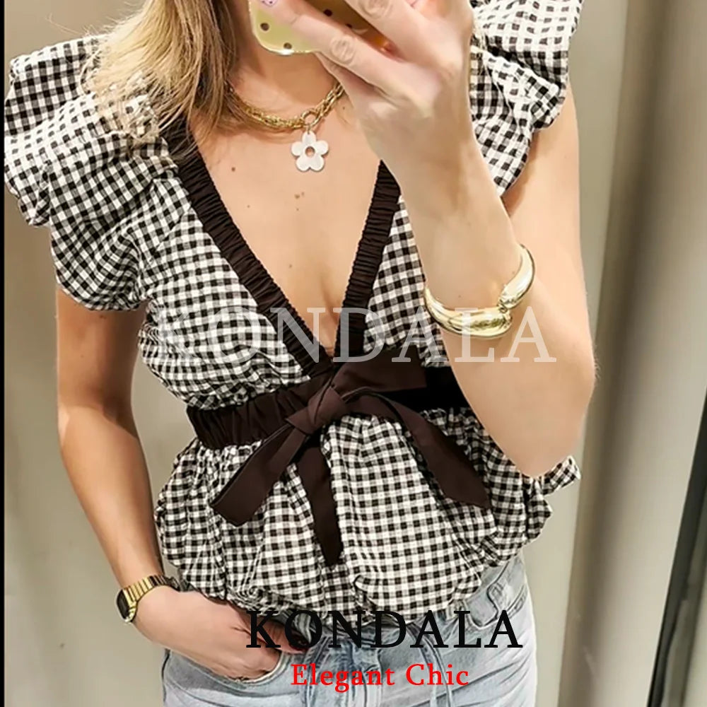 KONDALA Women Trendy Vacation Balloon Plaid Tops Bow Tie Top New 2026 Spring Summer Fashion Vintage Party Date Casual Lady Top