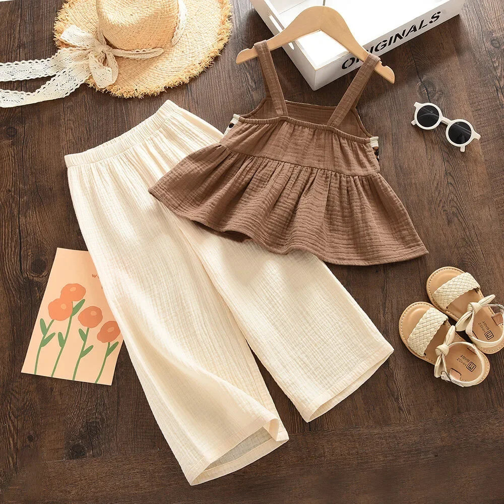 Bear Leader Girls Suit Summer Brown Retro Printed Plaid Camisole Top + Beige Pants Sweet Two-piece Set 3-7 Years Old