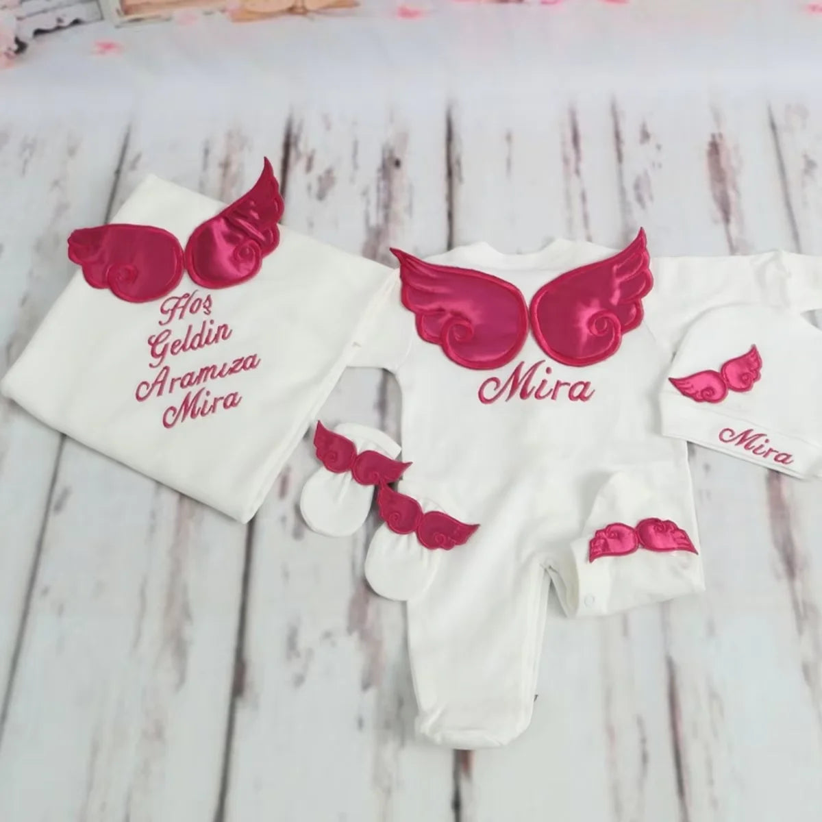 Dollbling Hospital Exit 5pcs Embroidery Name Newborn Angle Wings Romper Blanket  Nursery Bedding Swaddle Handmade Infant Outfit