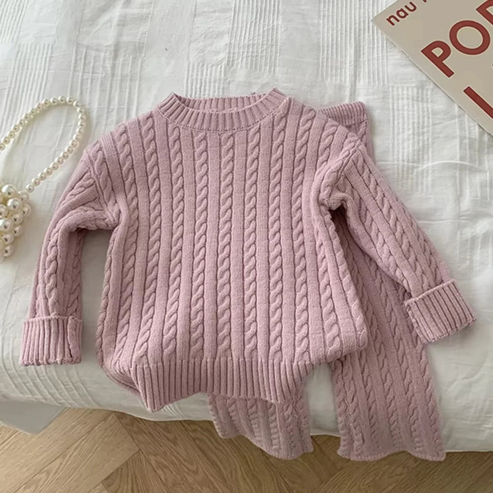 2025 Autumn Spring Korean Style Kids Knitted Clothing Set Long Sleeved Solid Color Knitted Pullover+Pants Baby Girl Clothes Suit