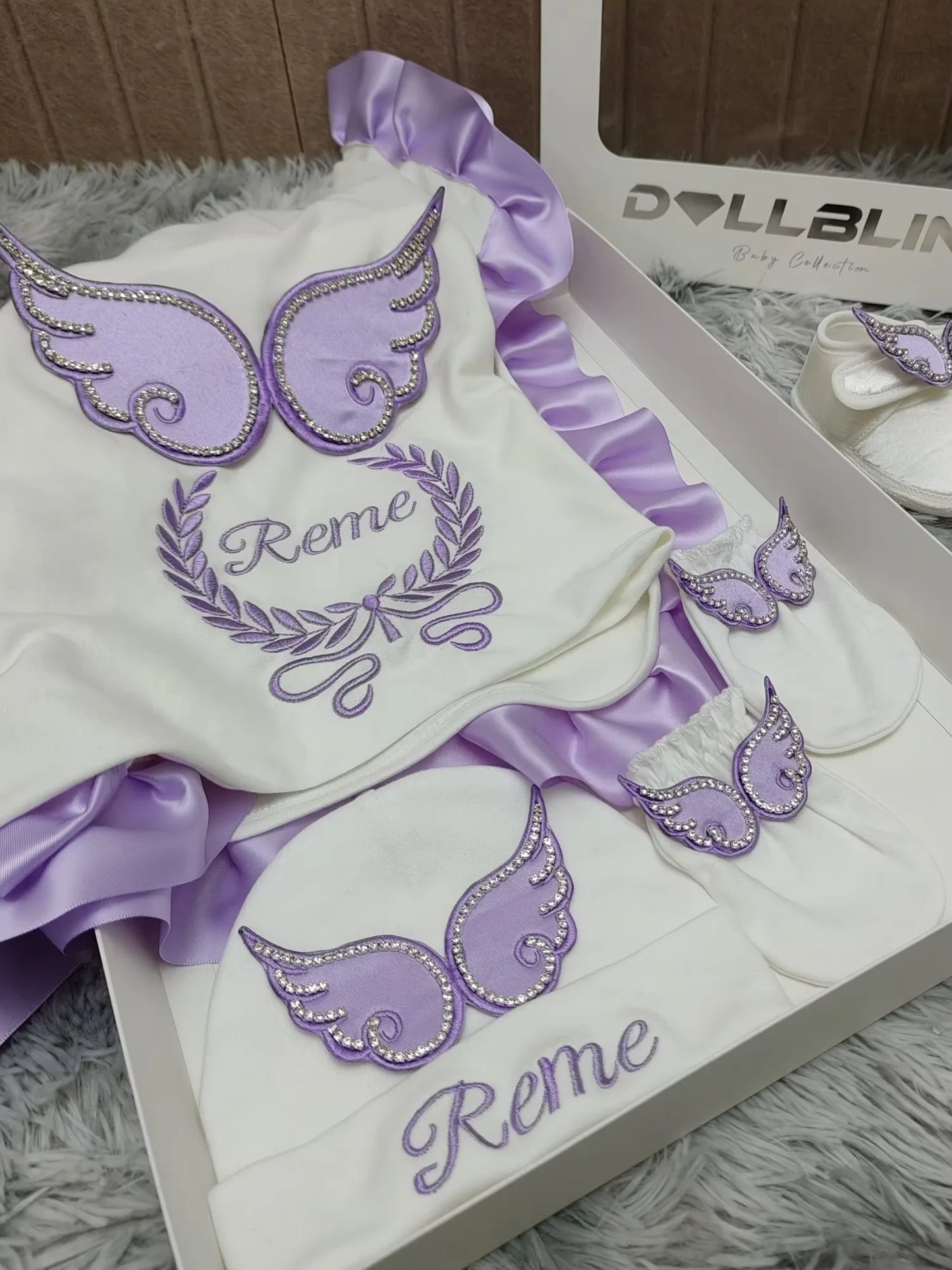 Dollbling Hospital Exit 5pcs Embroidery Name Newborn Angle Wings Romper Blanket  Nursery Bedding Swaddle Handmade Infant Outfit