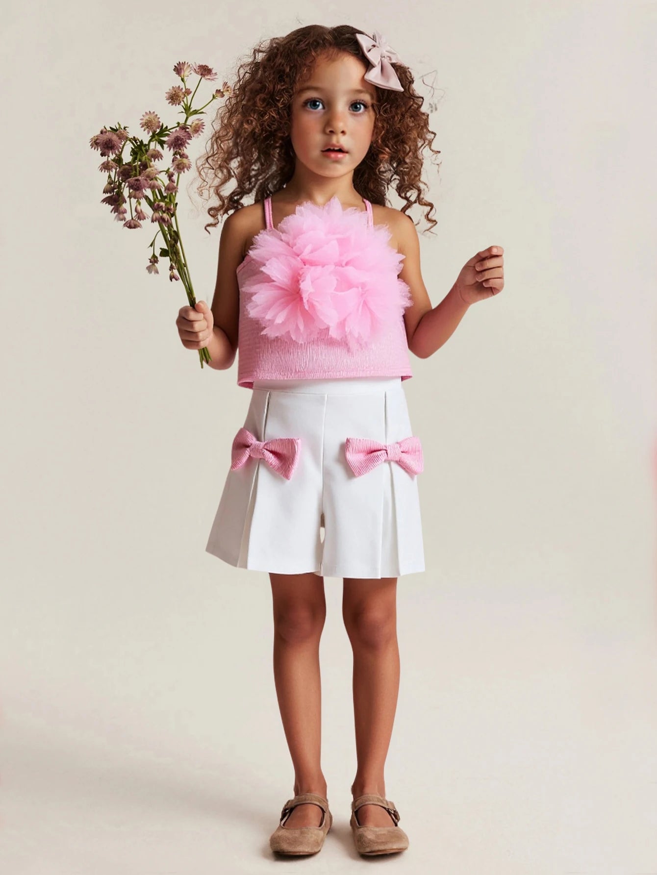 2Pcs Girls Summer Fashion Sleeveless Square Neck Pink Tops With Flower + Solid Shorts Pants Set For Kids Active Suit Clothes