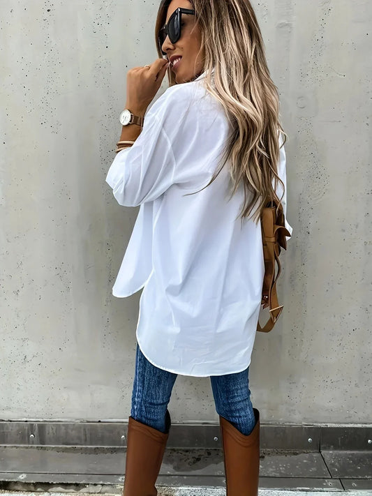 Plus Size 1XL-5XL Women Fashion Solid Color Lapel Shirt Pocket Decoration Shirt Casual Loose and Simple Long Sleeved Shirt