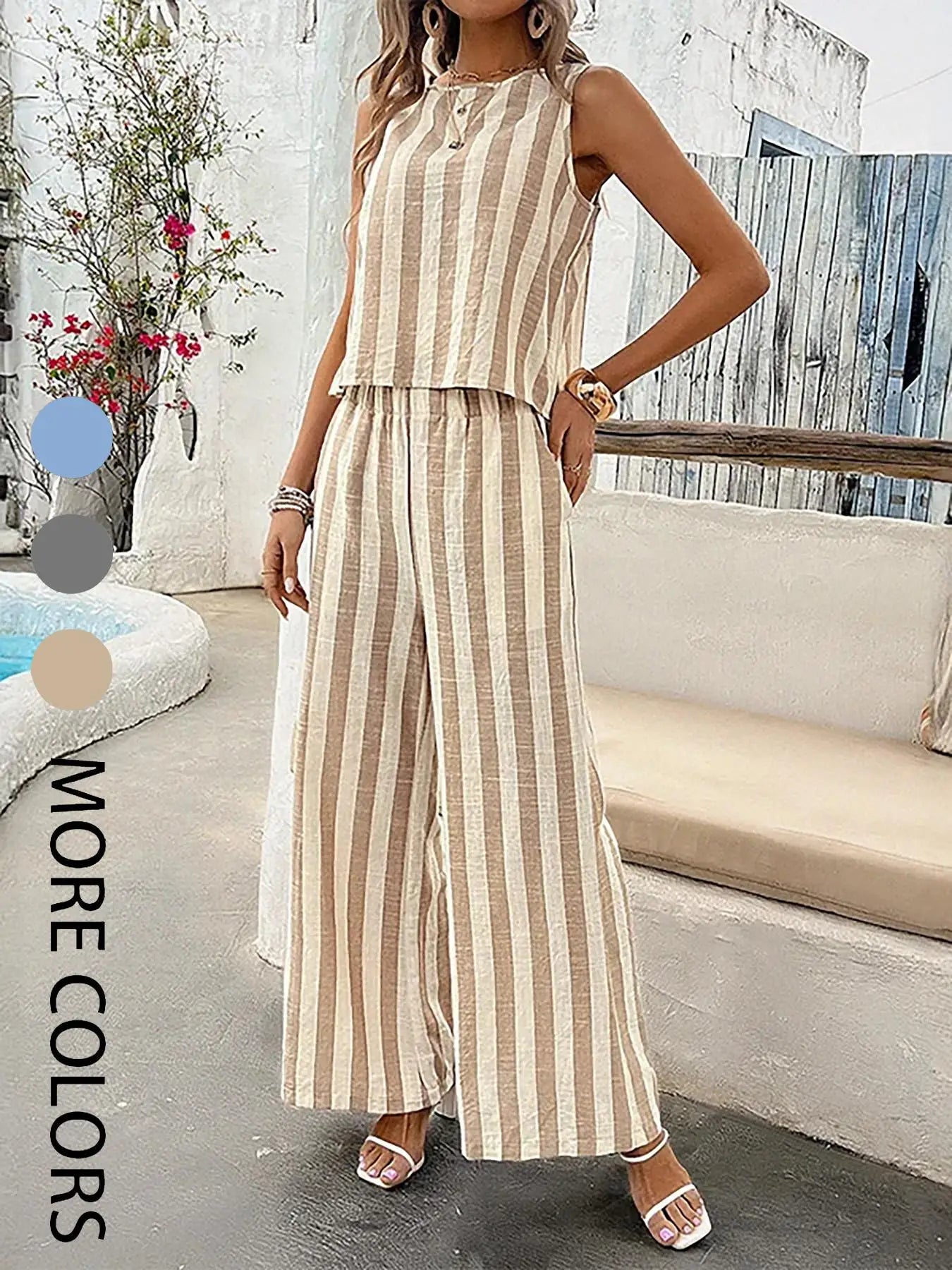 Loose Striped Round Neck Vest And Elastic Wide Leg Pants Two-Piece Set Button Detail Casual Comfortable Outfit
