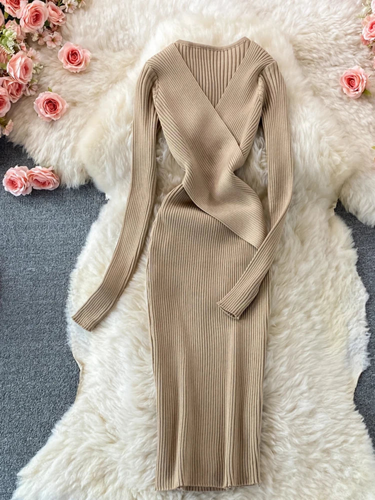 YuooMuoo Autumn Winter 2025 Women Dress Elegant Cross V-neck Slim Waist Knitted Bodycon Dress Korean Office Lady Vestidos