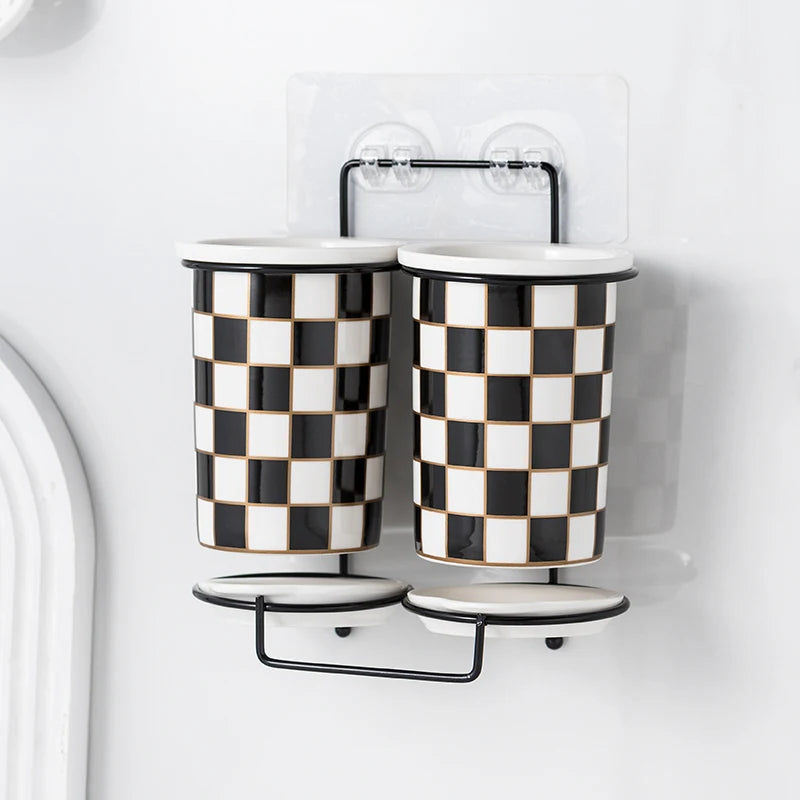Checkerboard Ceramic Chopsticks Holder Drain Rack Chopsticks Basket Chopsticks Box Cutlery Box Storage Rack Wall-mounted Shelf