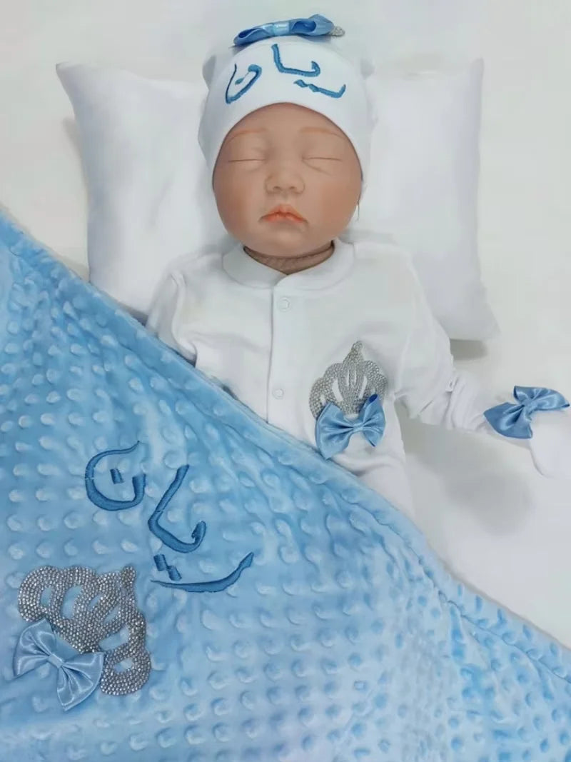 Dollbling Hospital Exit 5pcs Embroidery Name Newborn Angle Wings Romper Blanket  Nursery Bedding Swaddle Handmade Infant Outfit