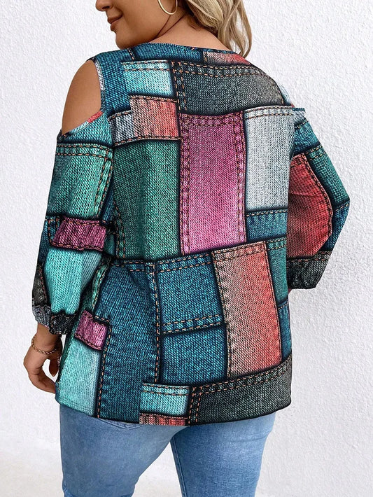 Plus Size Women's Autumn And Winter Fashion New Long Sleeve Zipper Decoration Off-The-Shoulder Printed Plaid Loose