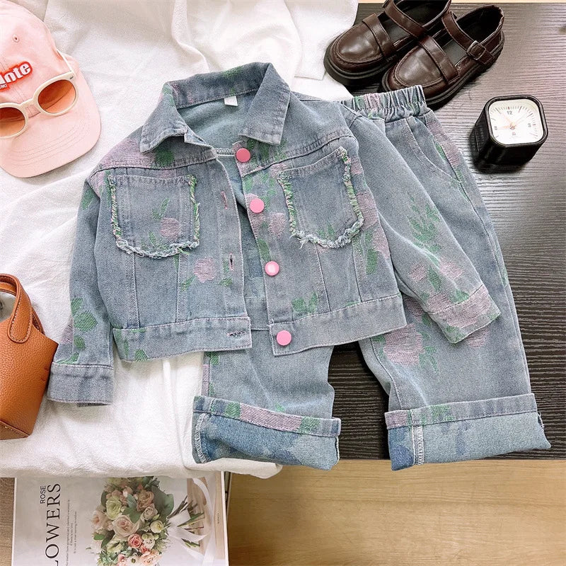Girls' Clothing Sets 2025 Spring and Autumn New Children's Clothing Cute Denim Jacket Cardigan+ Straight Leg Jeans Kids Suit