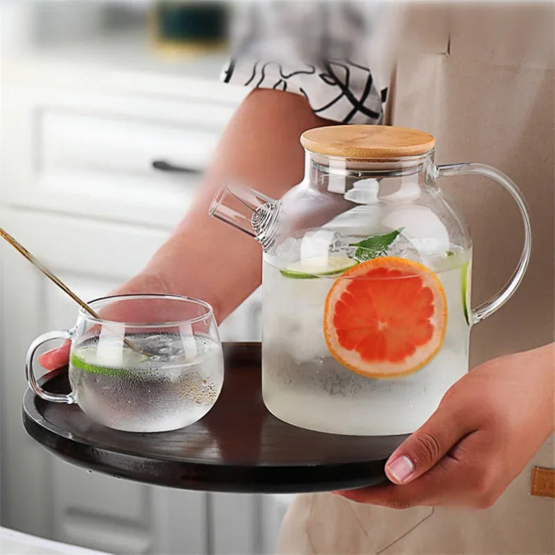 Glass Teapot with Bamboo Lid Transparent Heat-Resistant Thicken Glass Pitcher Cold Water Jug Household Puer Kettle Tea Pot
