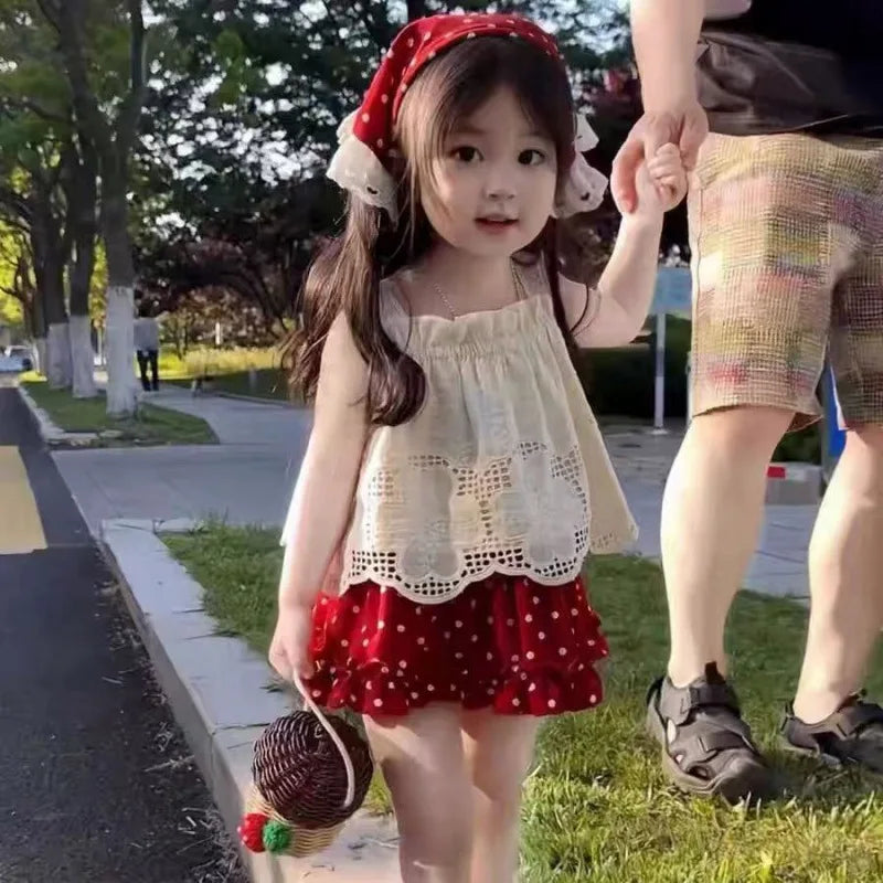 2025 New Strap Little Red Riding Hood Set Summer Cute Girl Hook Flower Western Style Tank Top Polka Pants Skirt Three Piece Set