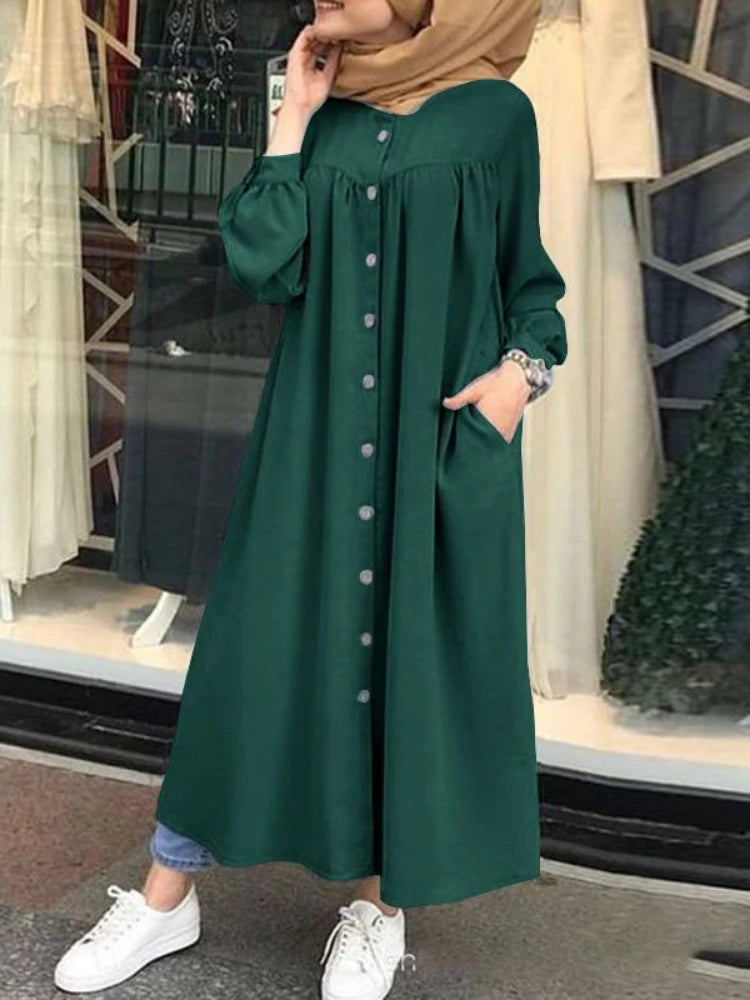 S-5XL Muslim Dress Women hijab Shirt  Long Sleeve Maxi Vestidos Female Button Robe femme musulman High Wasit Solid Sundress