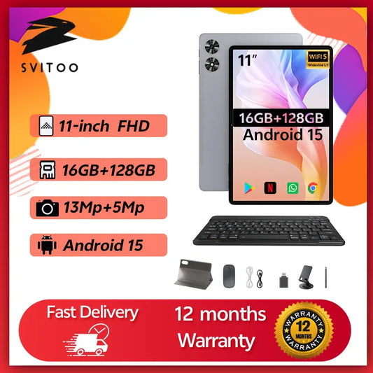 SVITOO 11" 2025 Tablet Android 15 Octa-Core T606 16GB RAM 128GB ROM 8000mAh Battery Type-C Widevine L1 Tablets Global Version