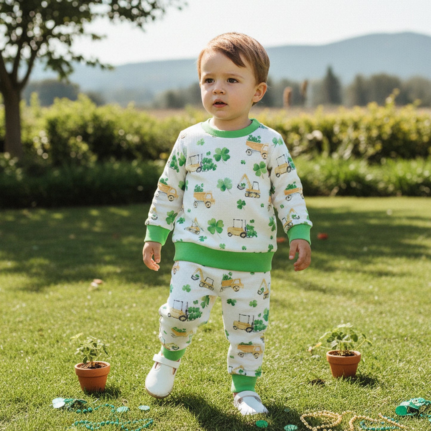 Baby Boys Pants Set, Excavator Shamrock Print Long Sleeve Sweatshirt with Sweatpants Infant Clothes