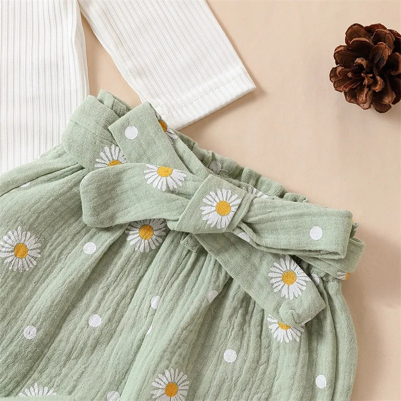 Citgeett Spring Infant Baby Girls Pants Sets White Long Sleeve Ruffle Romper Daisy Print Belted Pants Headband Autumn Sets