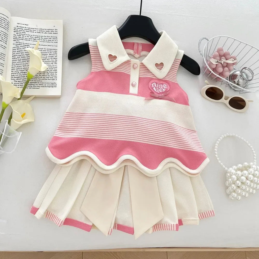 Pink 2-9 Years Girl Clothes Fashion Fold-over Collar Striped Love Print T-shirt + Pleated Skirt 2 Pcs Set Back Bow Decoration
