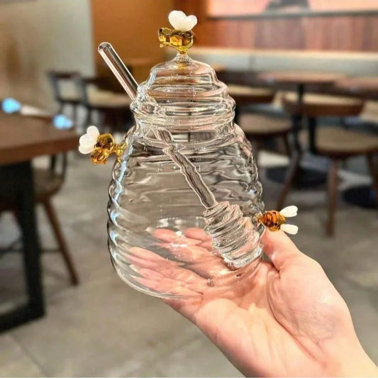 Honeycomb Design Bee Glass Honey Jar with Lid Dipper Stick Creative Kitchen Storage Container for Home Dining Table Decor
