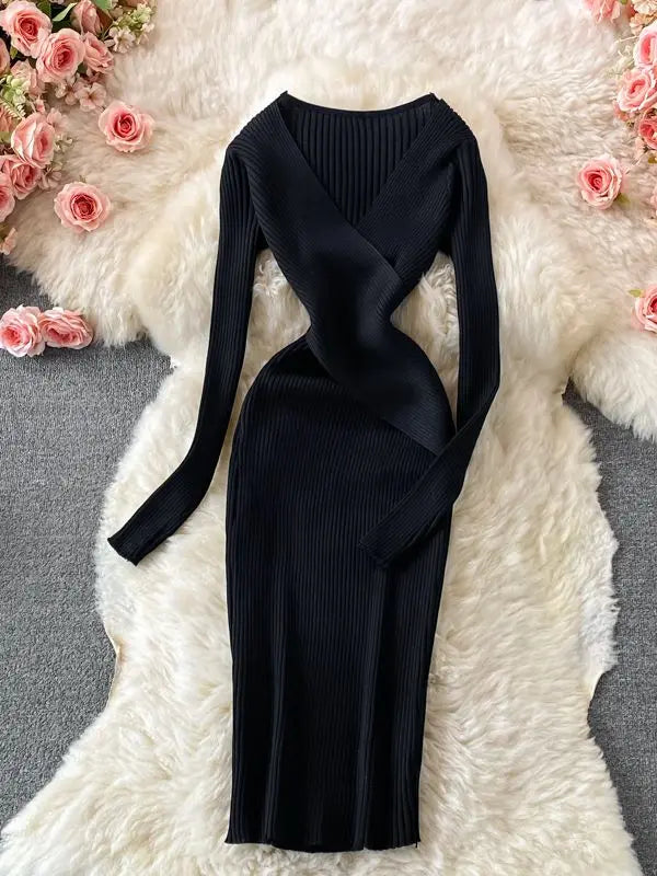 YuooMuoo Autumn Winter 2025 Women Dress Elegant Cross V-neck Slim Waist Knitted Bodycon Dress Korean Office Lady Vestidos