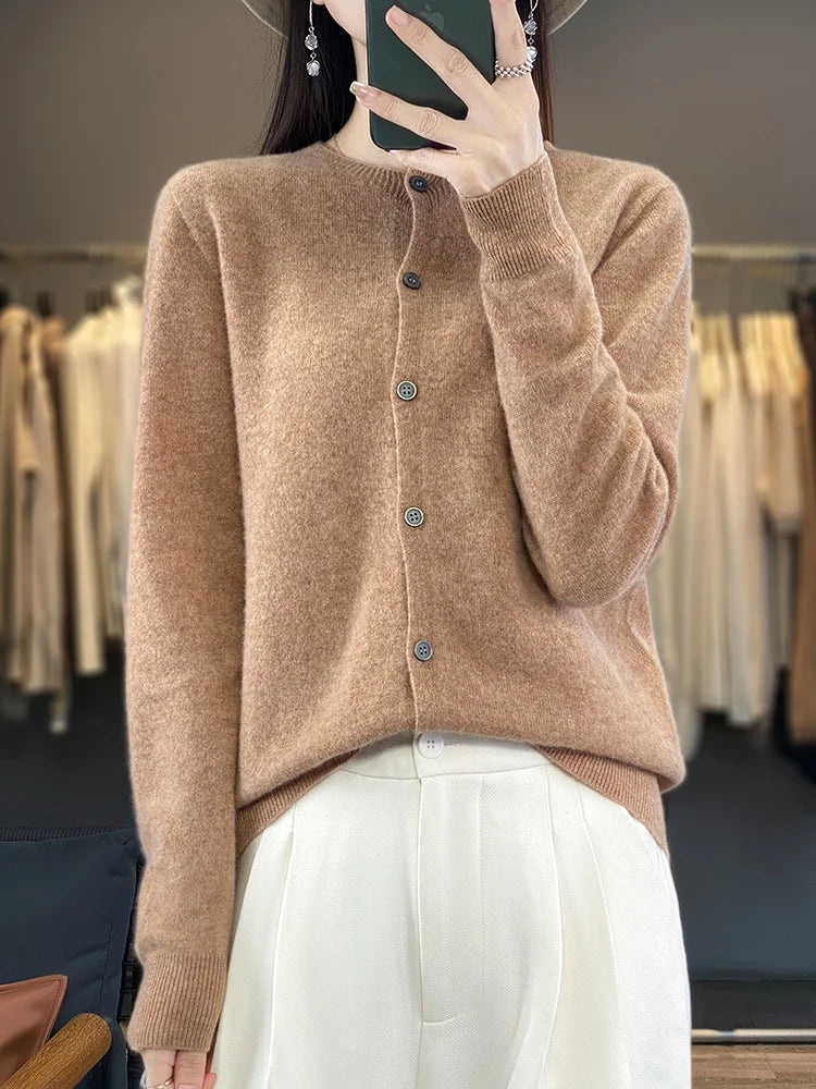 100% Merino Wool Sweater Women O-Neck Cardigan Basic Style  Buttoned Knitwear Female Casual Autumn Winter Soft Tops