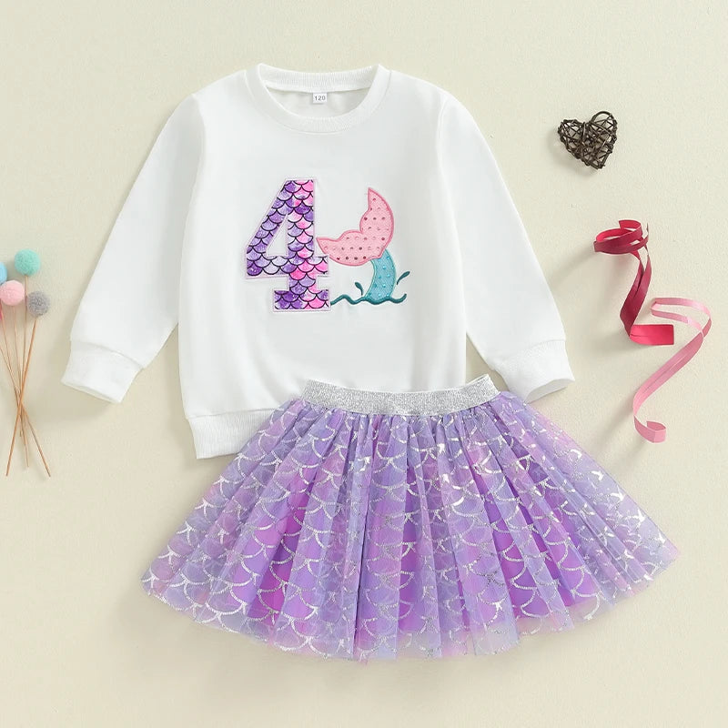 0-7Y Kids Girls Autumn Outfits Long Sleeve Number Embroidered Sweatshirt with Mermaid Tulle Skirts Sets Birthday Clothes