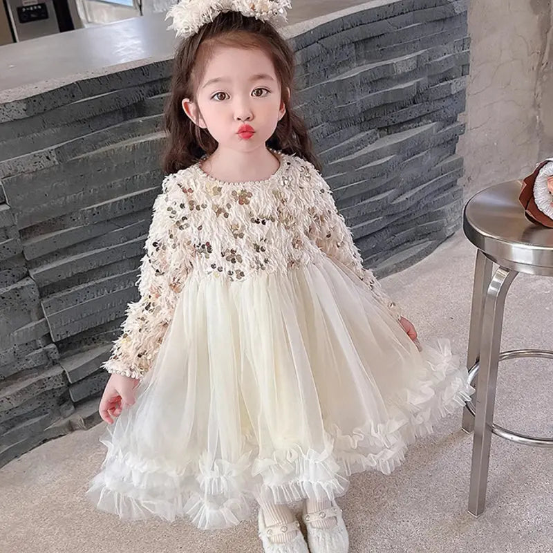 Winter New Girl's Dresses 2024 With Tassels Sequins Studded Beads Plush And Thickened Princess Dress Birthday Dress With Bow