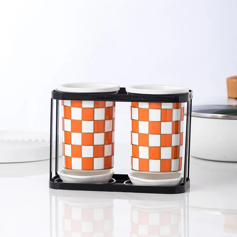 Checkerboard Ceramic Chopsticks Holder Drain Rack Chopsticks Basket Chopsticks Box Cutlery Box Storage Rack Wall-mounted Shelf