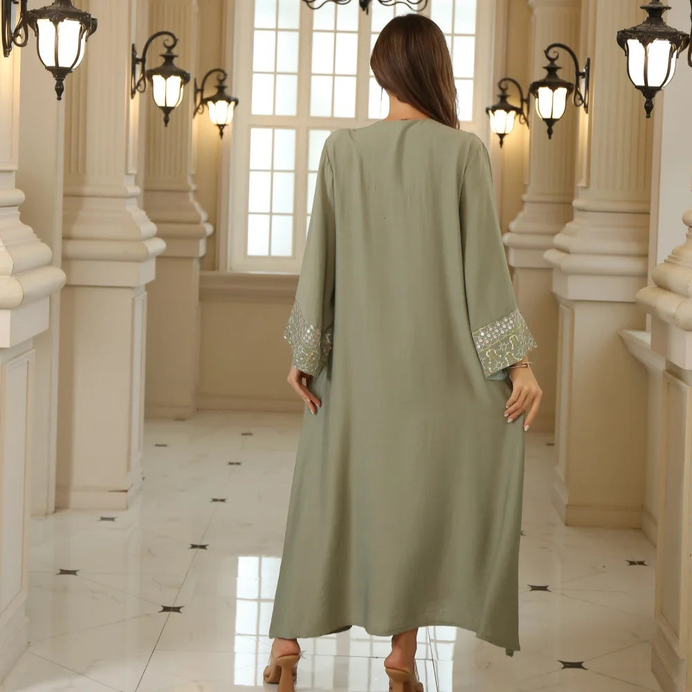 Elegant Middle East Women's Dress Floral Embroidery Shiny V-neck Muslim Festival Clothing Long Skirt Sleeve Petal Long Sleeve