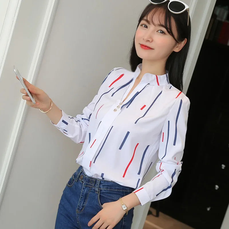 Autumn New White Shirt for Women Fashion Stripe Print Long Sleeve Office Lady Blouses Casual Loose Stand-up Collar Blusas