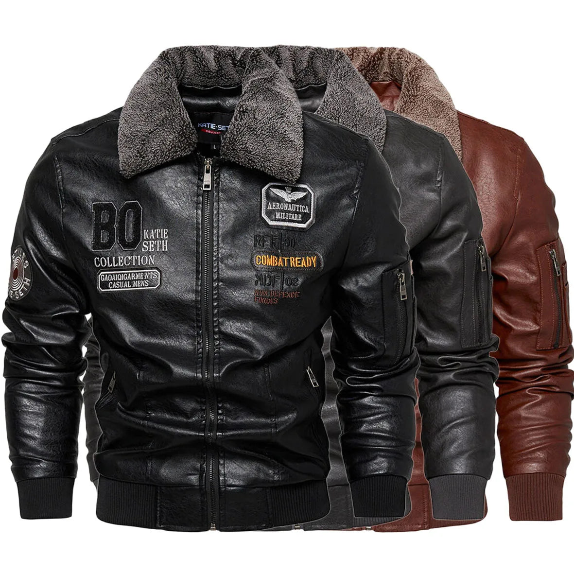 Business Slim fit Leather Bomber Jacket Men Slim Leather Flight Jacket Black Pilot Coat High Quality Man Fur collar Warm Jackets