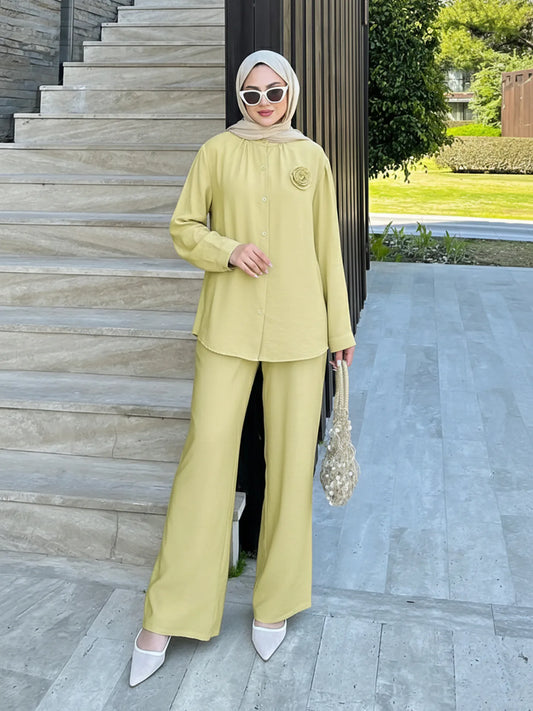 Eid Muslim Set for Women 2 Piece Matching Ramadan Shirt Pants Blouse Trousers Outfits Femme Musulmane Ensembles  Islam Clothing