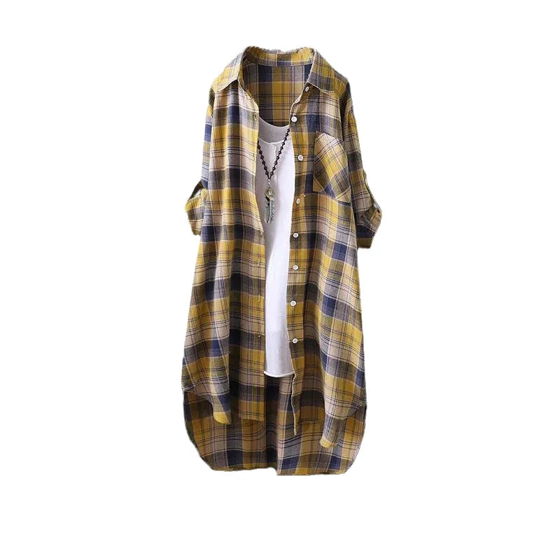 Plaid shirt women's long spring and autumn thin coat Western style long-sleeved shirt loose butt-covering cotton and linen top