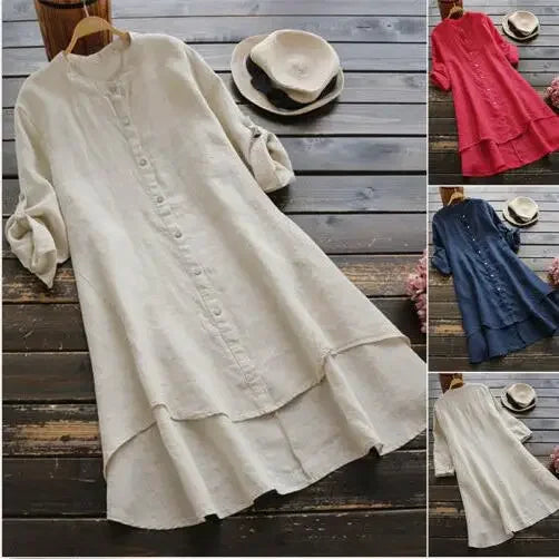Fast Selling Spring SummerNew Women's Solid Color Button Cotton Linen Long Sleeve Long Length Shirt