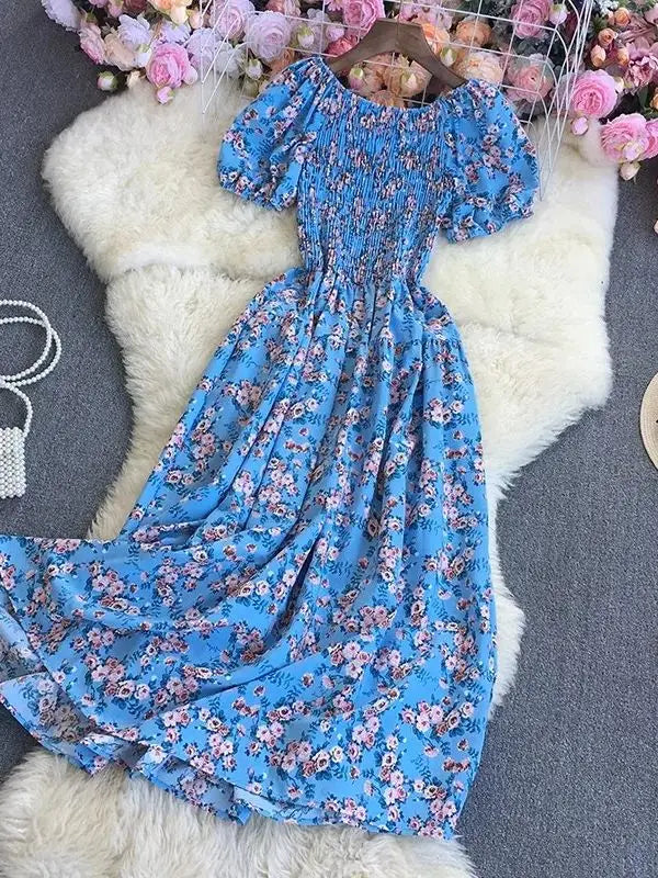 Beach Vacation Floral Print Dress Women Puff Sleeve Square Collar High Waist Dresses Korean Fashion Party Long Dress