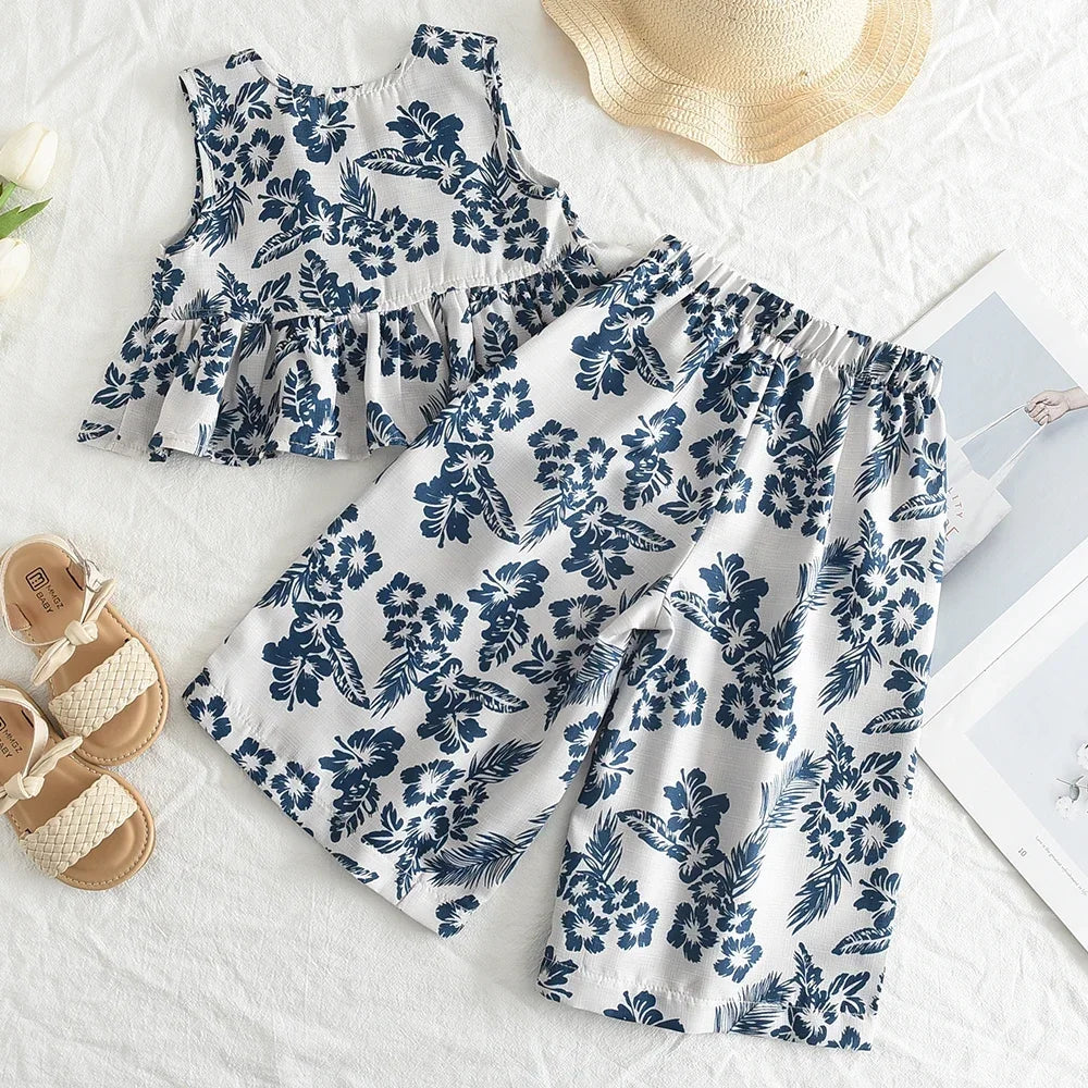 Summer New Fashionable Girl Sleeveless Printed Shirt+Wide Leg Pants Set with Retro Flower Style Two Piece Girl Clothing