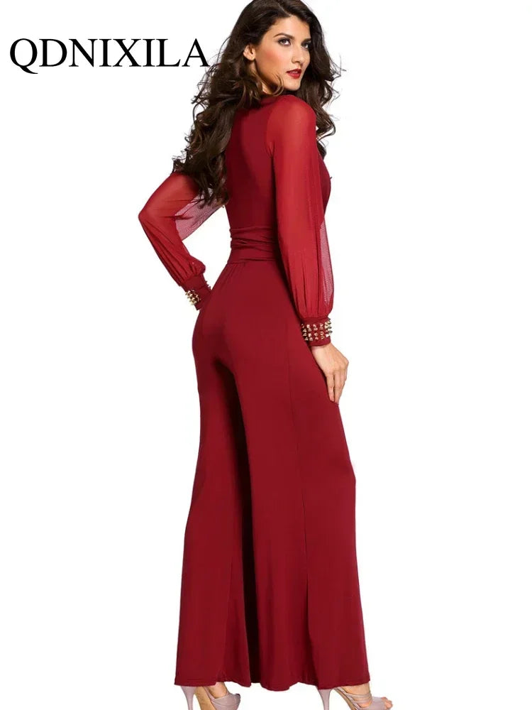 New In Spring Summer Women's Jumpsuit Black V-neck Mesh Splicing Straight One-piece Female Jumpsuit Sexy Streetwear Clothes