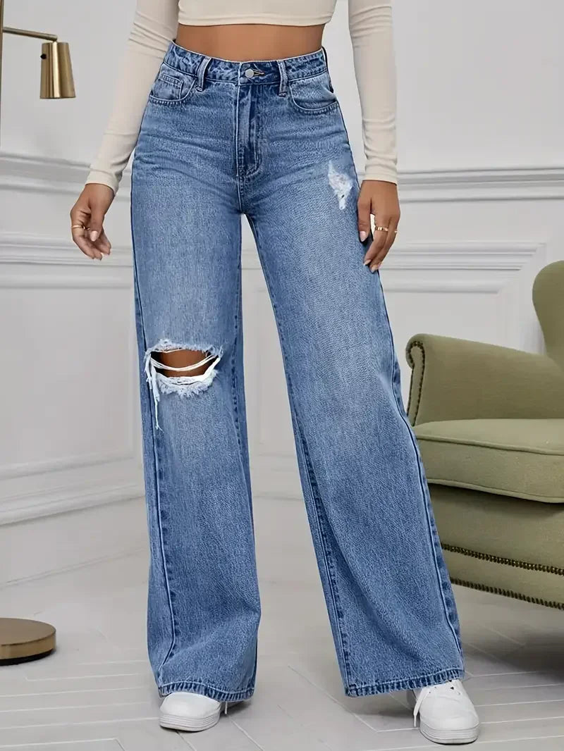 Women's Jeans Denim Pants Wide Leg Vintage Distressed Ripped Trousers 2025 Streetwear Washed Pockets Floor Length Hole Jeans