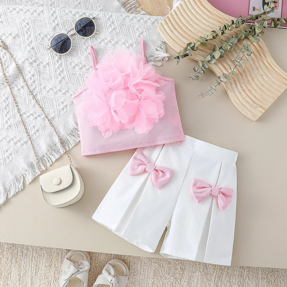 2Pcs Girls Summer Fashion Sleeveless Square Neck Pink Tops With Flower + Solid Shorts Pants Set For Kids Active Suit Clothes
