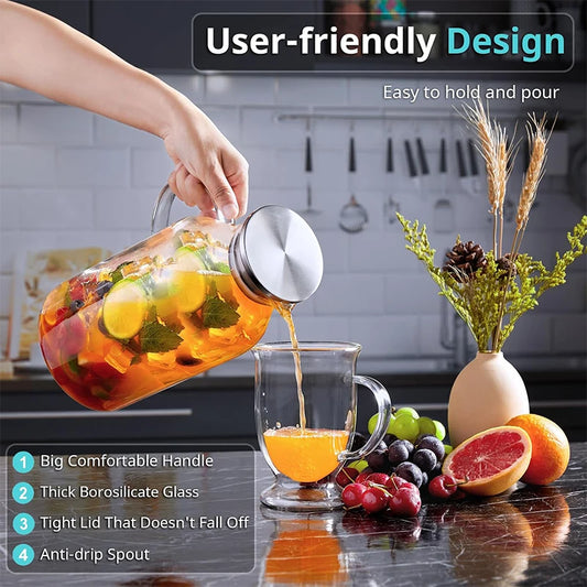 HeY LiLac 1.8L Glass Pitcher with Lid Vertical Stripes Glass Water Pitcher Water Carafe for Fridge Borosilicate Water Jug