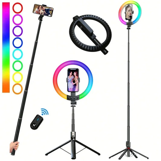 LISCN Selfie Stick Tripod with 10 Inch RGB Selfie Ring LED Fill Light  Photography LED Selfie Light with Remote Control for Live