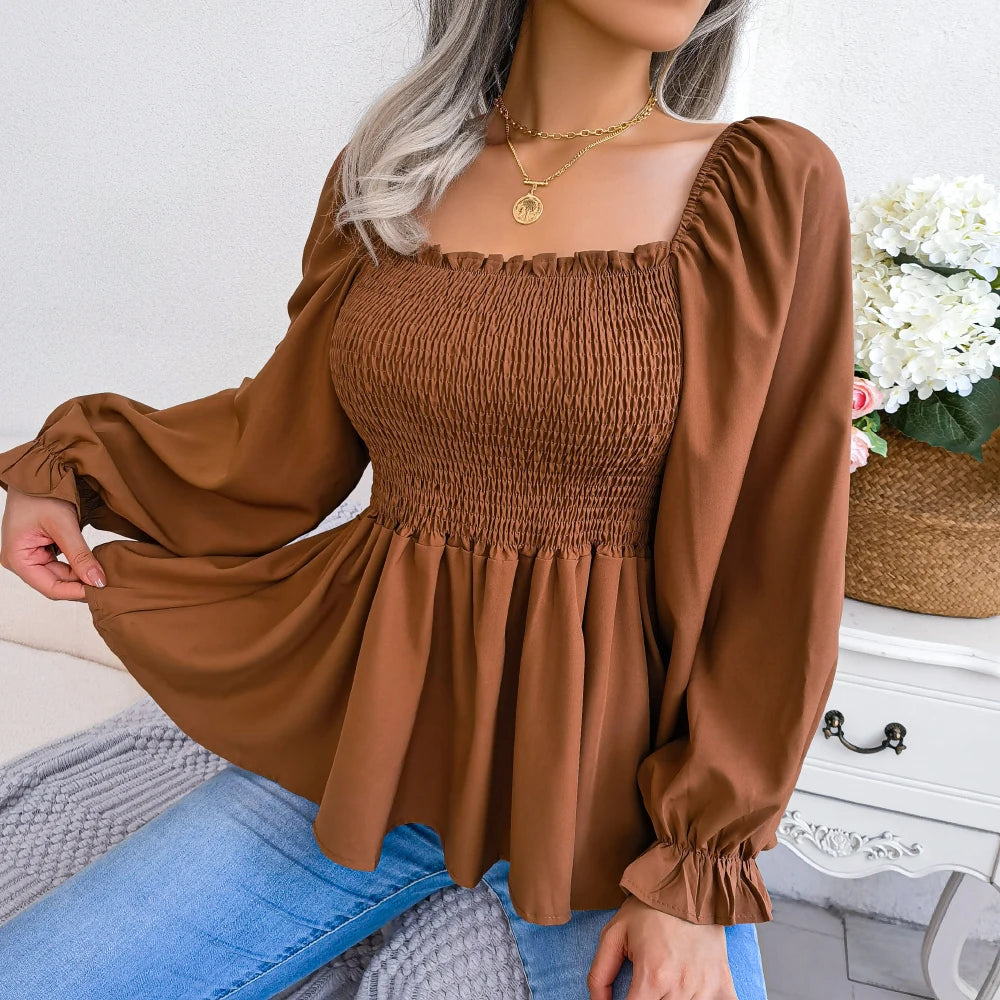 Women Chiffon Blouse 2026 Casual Solid Color Long Sleeve Ruffles Peplum Top White Red Green Blue Black Woman Clothes