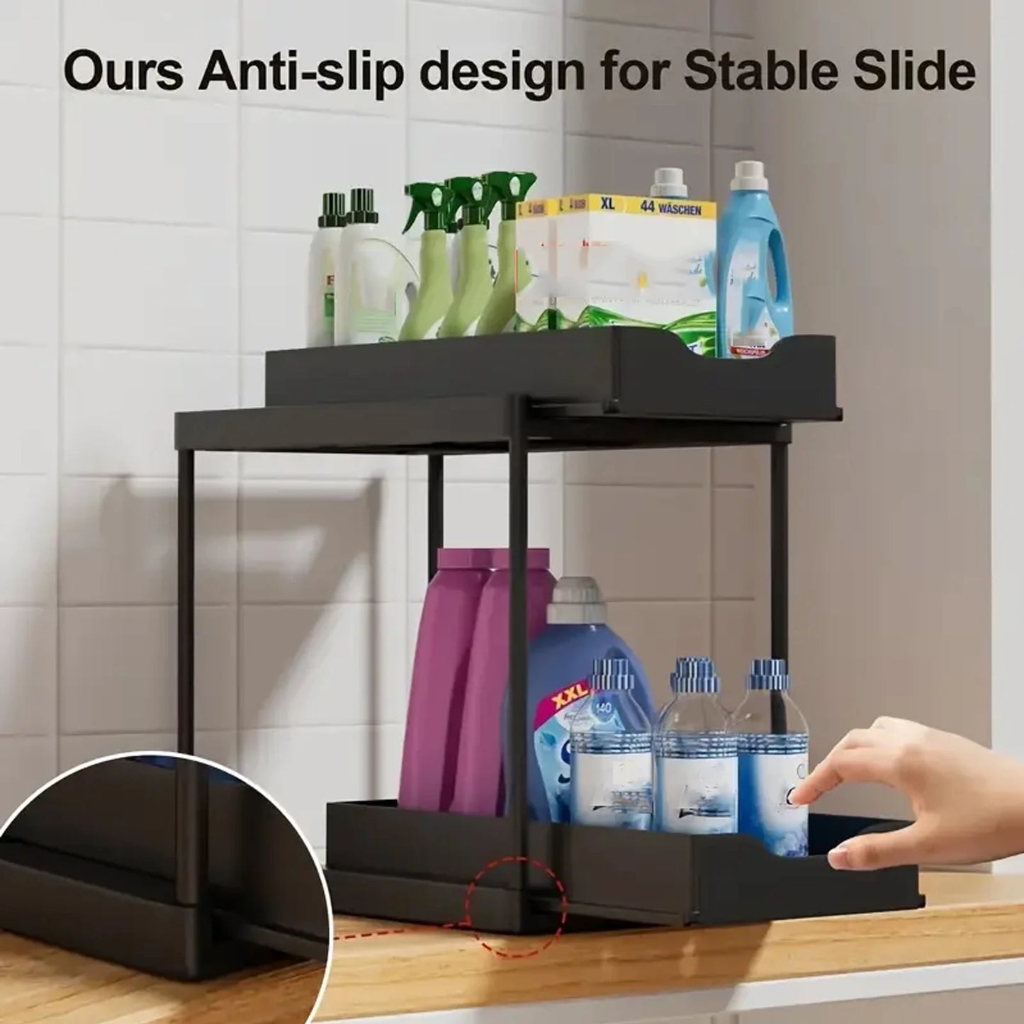 Double-Layer Pull-Out Kitchen Storage Rack, Non-Slip and Stable, Multifunctional Storage Box with Five Hooks, Under-Sink Brush Double-Layer Drawer Storage Rack, Suitable for Kitchen and Bathroom Countertop Sink Storage