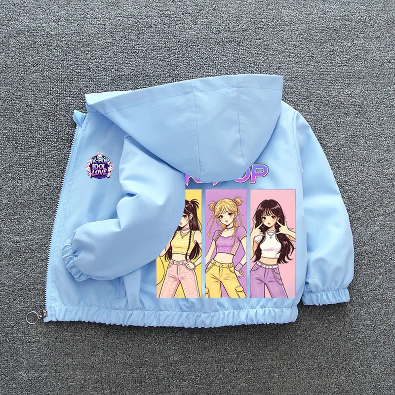 K-pop Idol Print Hooded Jacket for Girls 2026 New Spring Autumn Children Waterproof Windbreaker Coat Kids Daily Casual Outerwear