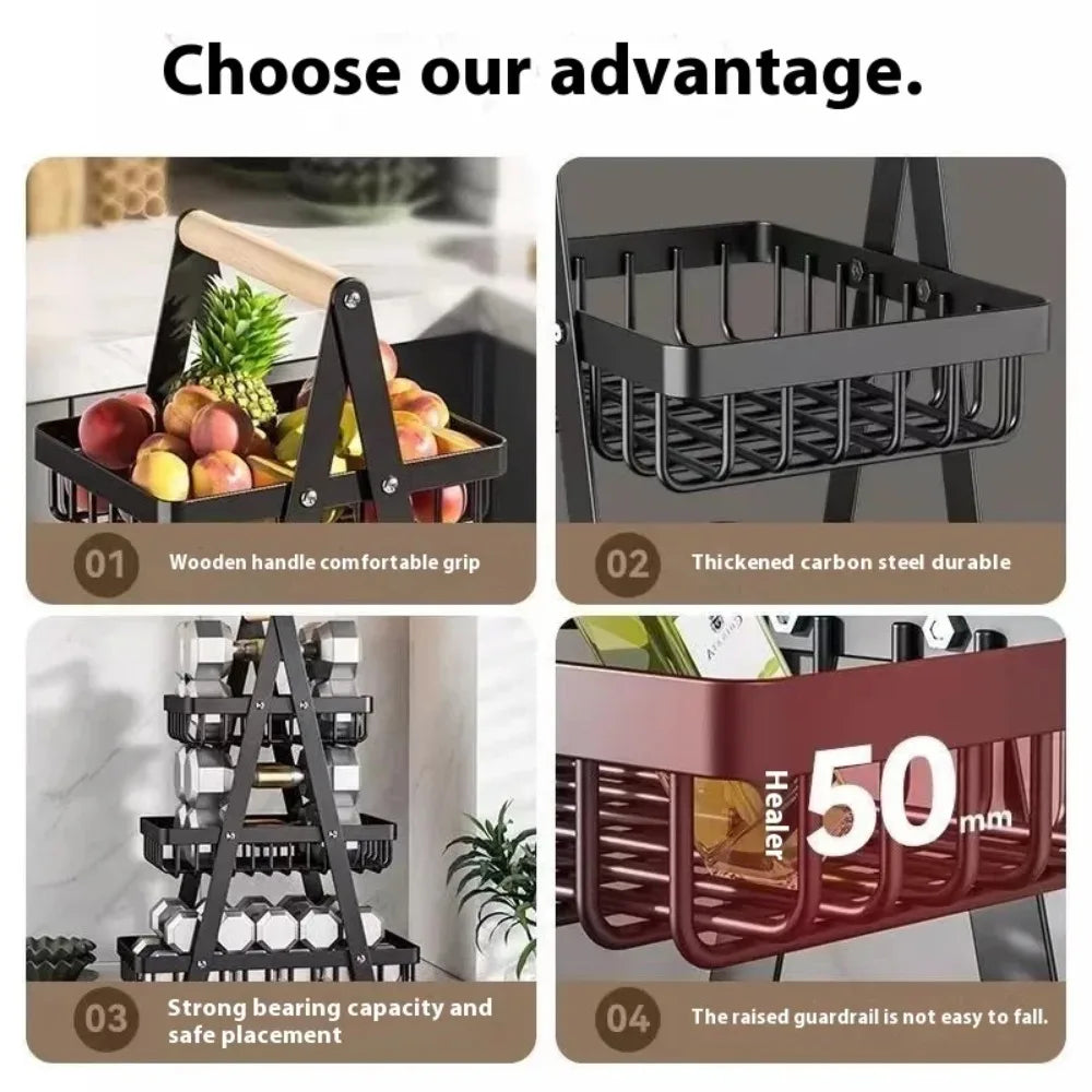Wrought Iron Kitchen Storage Rack Double-Layer Fruit Vegetable Basket Portable Handheld Desktop Storage Holder