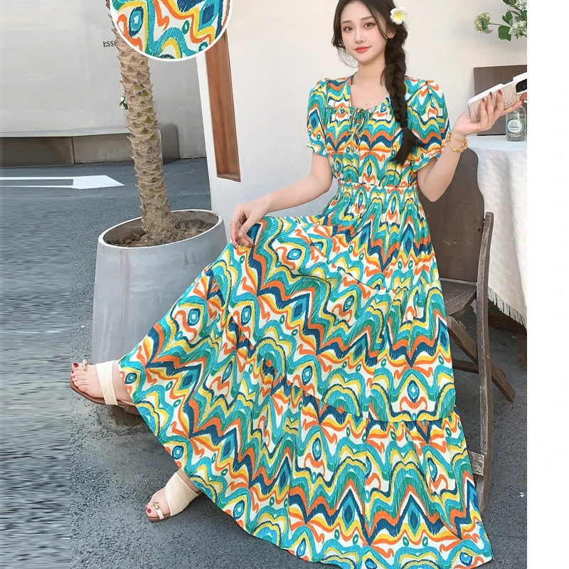 Summer New Cotton Silk Floral Print Maxi Dr ort Sve Beachwear High Waist Young Women's Large Skirt Swing Dr