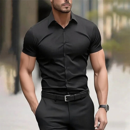 Solid color men's shirt casual shirt, high quality solid color short sleeve stretch fabric, business formal shirt, XS-6XL size